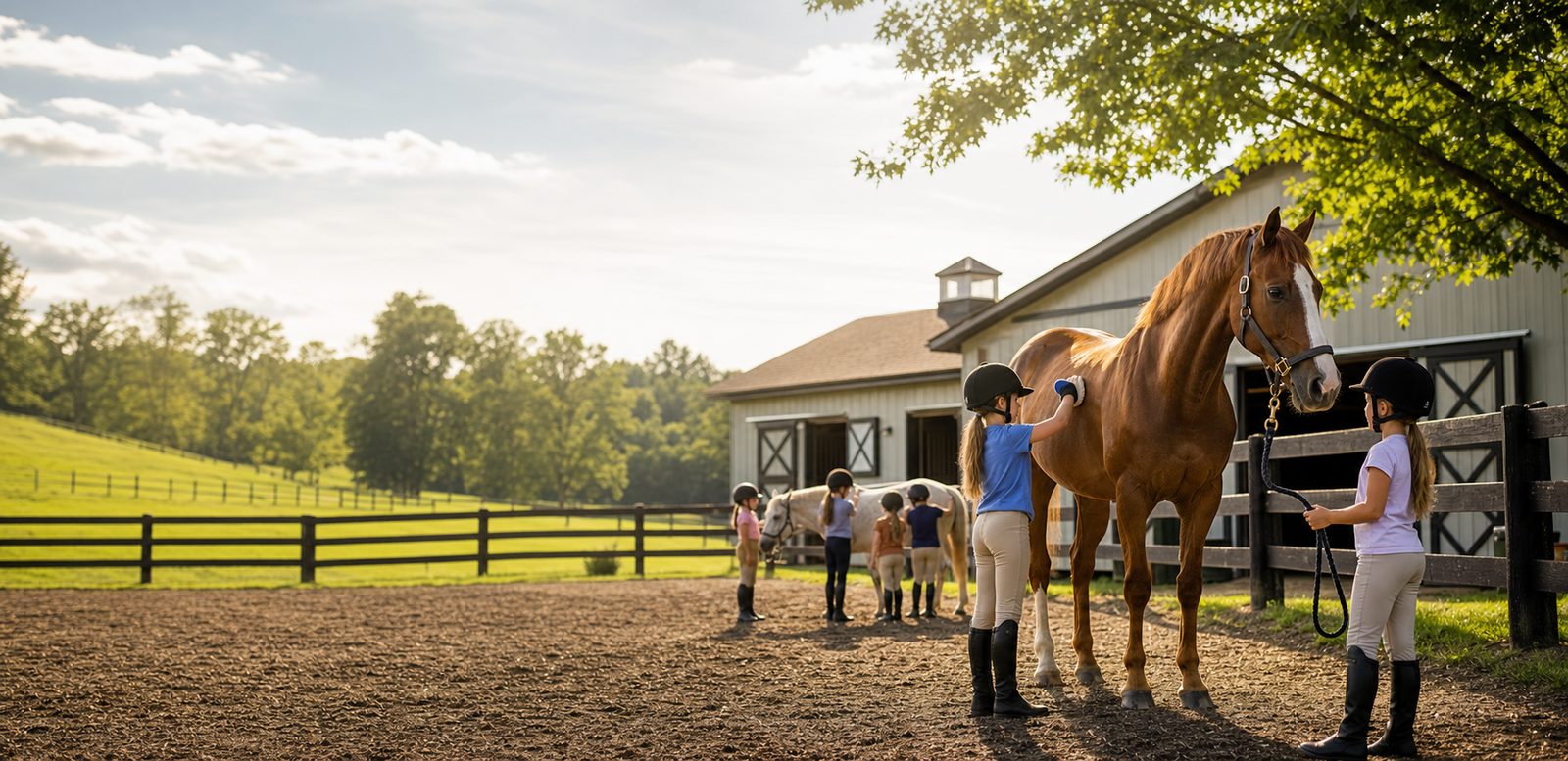 Children learning around calm horses at a summer riding camp