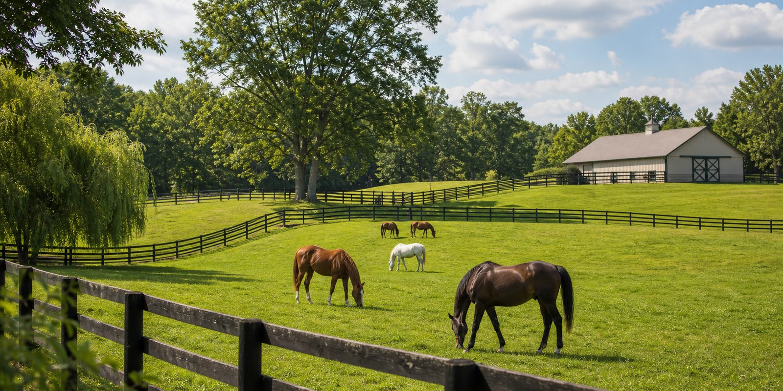Horses grazing in a green pasture with wooden fencing